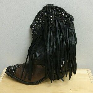 Rockin’ Country Fringe Cowboy Boots Black Brown Studded Amazing Rare Size 8
